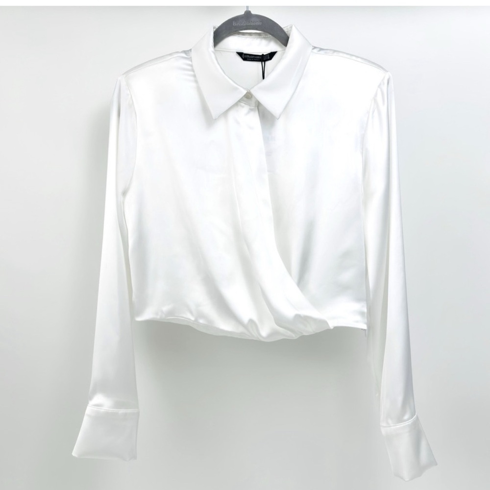 Stradivarius Cropped Satin Wrapped White Blouse Size XL New Without Tag